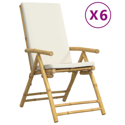 6 Piece Folding Patio Reclining Chairs with Cream White Cushions Bamboo