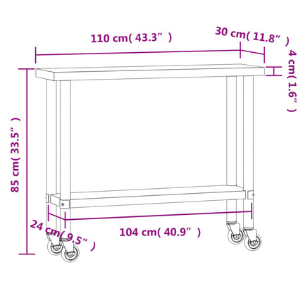 Kitchen Work Table with Wheels 43.3"x11.8"x33.5" Stainless Steel
