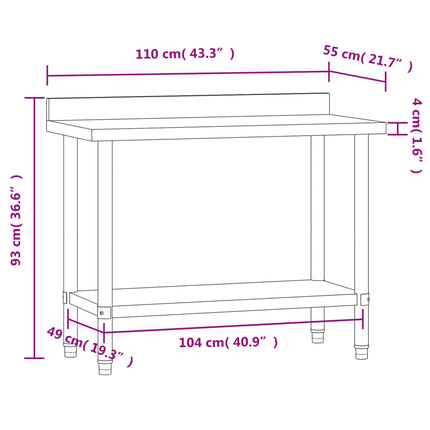 Kitchen Work Table with Backsplash 43.3"x21.7"x36.6" Stainless Steel