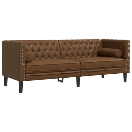 Chesterfield Sofa with Bolsters 3-Seater Brown Faux Suede Leather