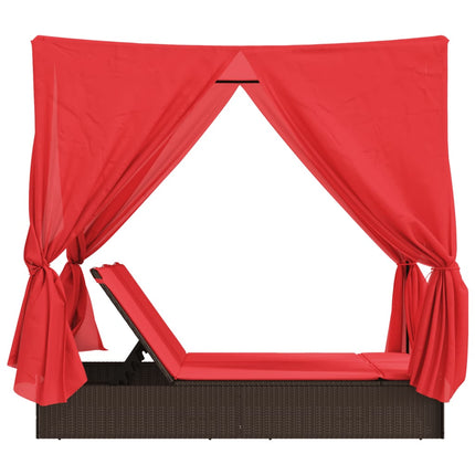 Double Patio Sun Lounger with Roof and Curtains Brown Poly Rattan