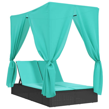 Double Sun Lounger with Roof and Curtains Black Poly Rattan