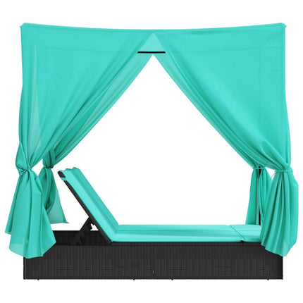 Double Sun Lounger with Roof and Curtains Black Poly Rattan