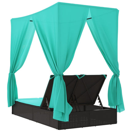 Double Sun Lounger with Roof and Curtains Black Poly Rattan