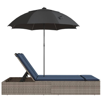 Double Sun Lounger with Cushions&Parasol Gray Poly Rattan