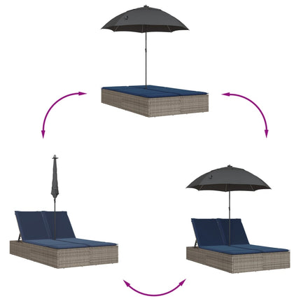 Double Sun Lounger with Cushions&Parasol Gray Poly Rattan