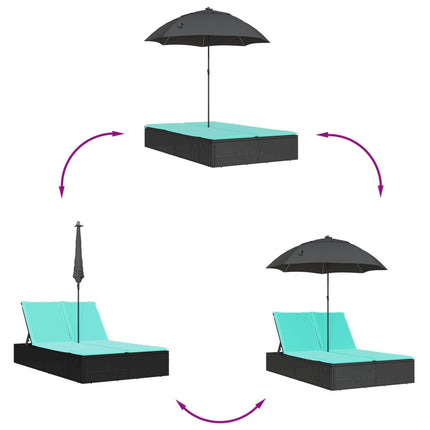 Double Sun Lounger with Cushions&Parasol Black Poly Rattan