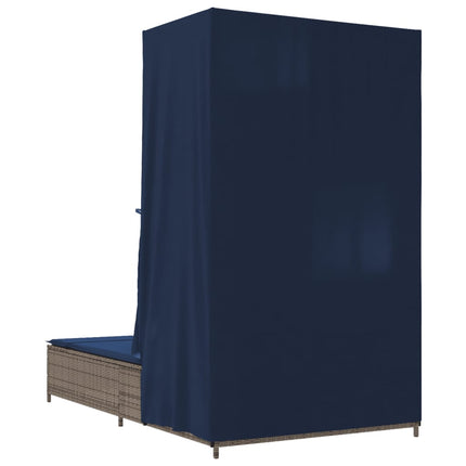 Double Sun Lounger with Roof and Curtains Gray Poly Rattan