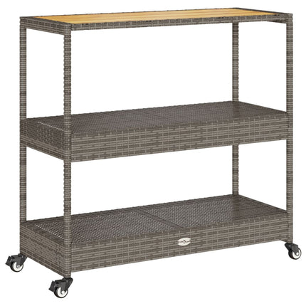 Bar Cart 3-Tier Gray Poly Rattan and Solid Wood Acacia