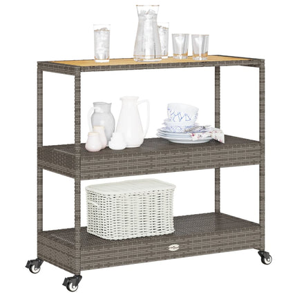 Bar Cart 3-Tier Gray Poly Rattan and Solid Wood Acacia