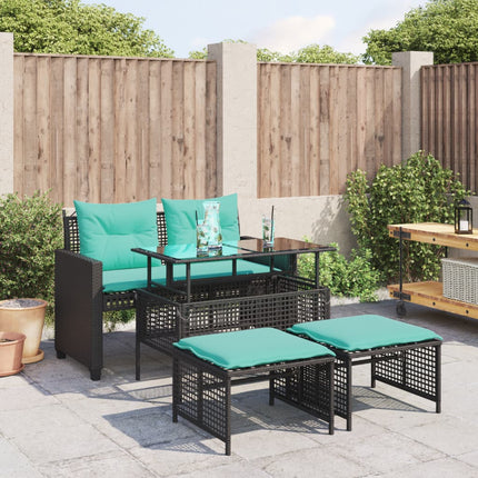 4 Piece Patio Sofa Set with Cushions Black Poly Rattan Glass