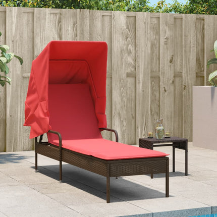 Sun Lounger with Canopy and Table Brown Poly Rattan
