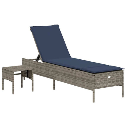 Sun Lounger with Table and Cushion Grey Poly Rattan