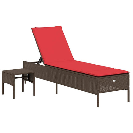 Sun Lounger with Table and Cushion Brown Poly Rattan