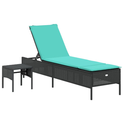 Sun Lounger with Table and Cushion Black Poly Rattan