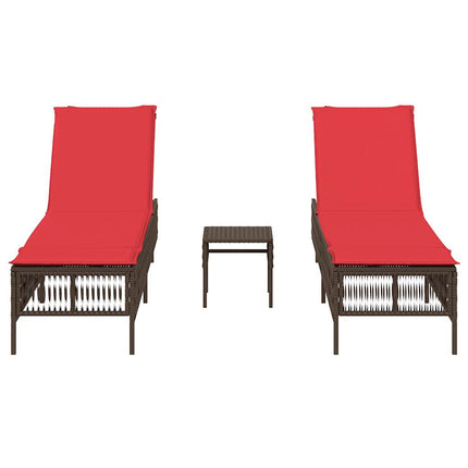 Sun Loungers 2 pcs with Table Brown Poly Rattan