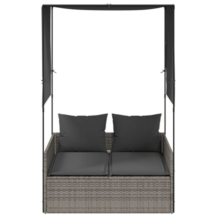 Double Sun Lounger with Roof and Curtains Gray Poly Rattan
