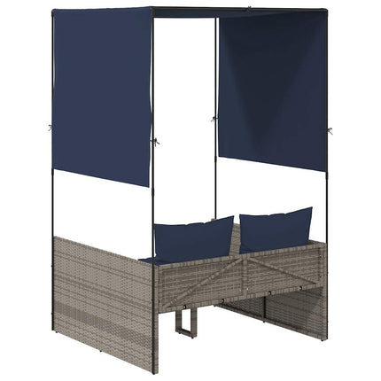 Double Sun Lounger with Roof and Curtains Grey Poly Rattan