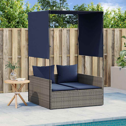 Double Sun Lounger with Roof and Curtains Grey Poly Rattan