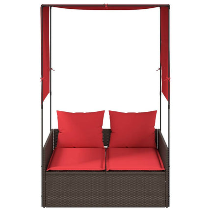 Double Sun Lounger with Roof and Curtains Brown Poly Rattan