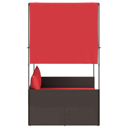 Double Sun Lounger with Roof and Curtains Brown Poly Rattan