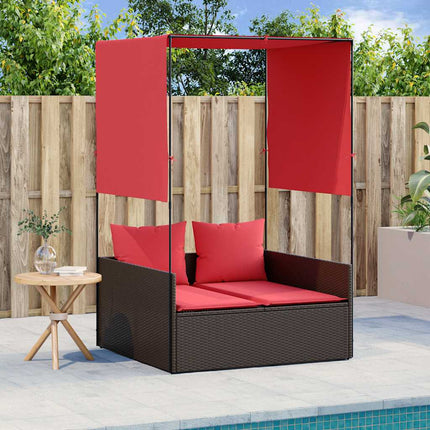 Double Sun Lounger with Roof and Curtains Brown Poly Rattan