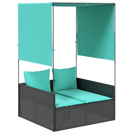 Double Sun Lounger with Roof and Curtains Black Poly Rattan