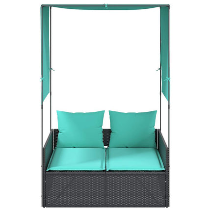 Double Sun Lounger with Roof and Curtains Black Poly Rattan