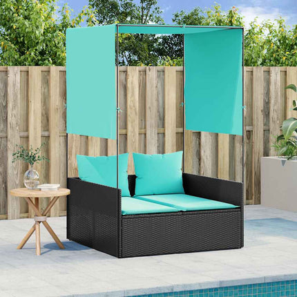 Double Sun Lounger with Roof and Curtains Black Poly Rattan