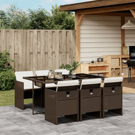 7 Piece Patio Dining Set with Cushions Brown Poly Rattan