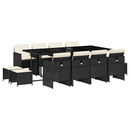 13 Piece Patio Dining Set with Cushions Black Poly Rattan