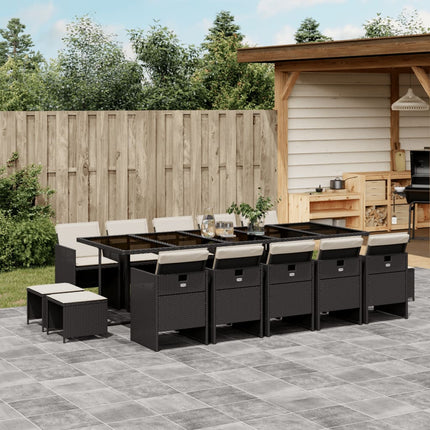 15 Piece Patio Dining Set with Cushions Black Poly Rattan