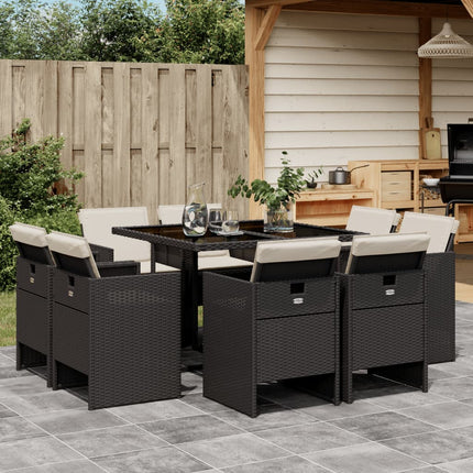 9 Piece Patio Dining Set with Cushions Black Poly Rattan
