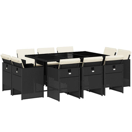 11 Piece Patio Dining Set with Cushions Black Poly Rattan