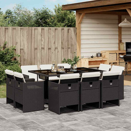 11 Piece Patio Dining Set with Cushions Black Poly Rattan