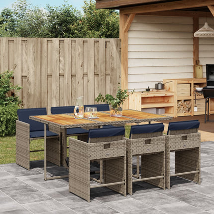 7 Piece Garden Dining Set with Cushions Grey Poly Rattan