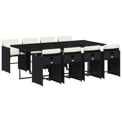 9 Piece Patio Dining Set with Cushions Black Poly Rattan