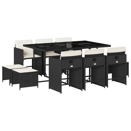 11 Piece Patio Dining Set with Cushions Black Poly Rattan