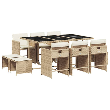 11 Piece Patio Dining Set with Cushions Beige Poly Rattan