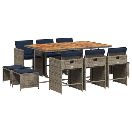 11 Piece Garden Dining Set with Cushions Grey Poly Rattan