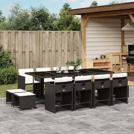 13 Piece Patio Dining Set with Cushions Black Poly Rattan
