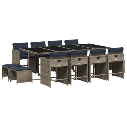 13 Piece Garden Dining Set with Cushions Grey Poly Rattan