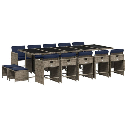 15 Piece Garden Dining Set with Cushions Grey Poly Rattan