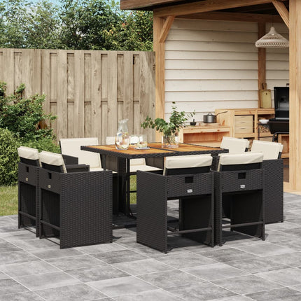 9 Piece Patio Dining Set with Cushions Black Poly Rattan