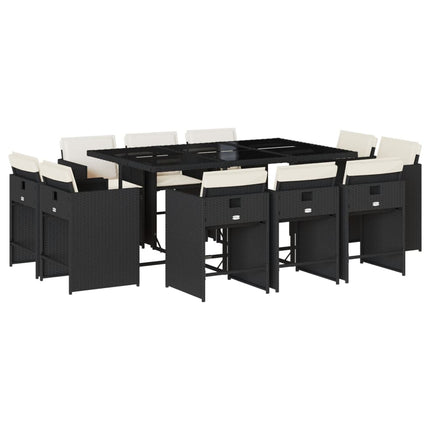 11 Piece Patio Dining Set with Cushions Black Poly Rattan
