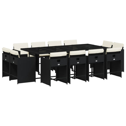 13 Piece Patio Dining Set with Cushions Black Poly Rattan