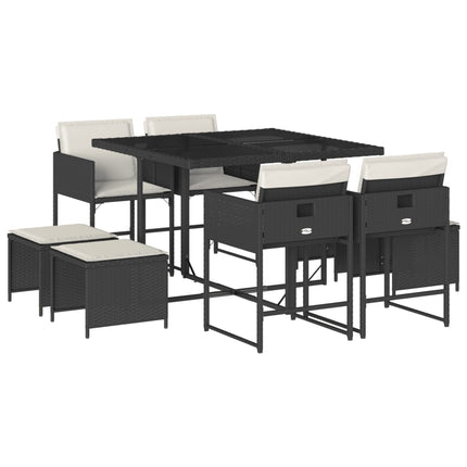 9 Piece Patio Dining Set with Cushions Black Poly Rattan