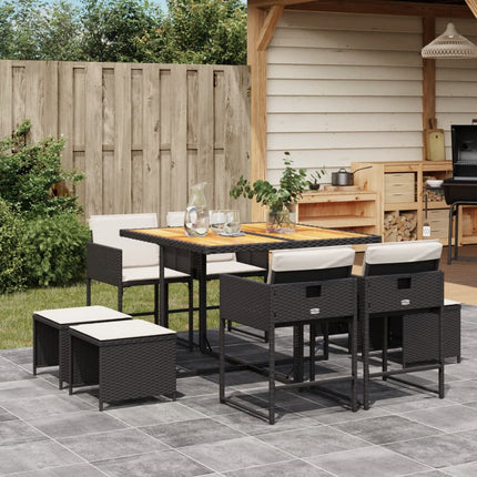 9 Piece Patio Dining Set with Cushions Black Poly Rattan