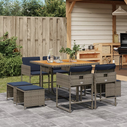 9 Piece Garden Dining Set with Cushions Grey Poly Rattan