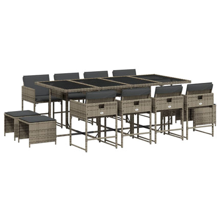 13 Piece Patio Dining Set with Cushions Gray Poly Rattan